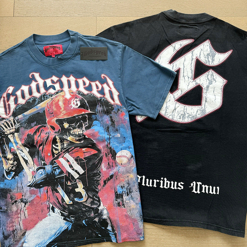 American Fashion Skull Rock Band Crewneck plus size Loose Short Sleeve T-shirt Couples Wholesale